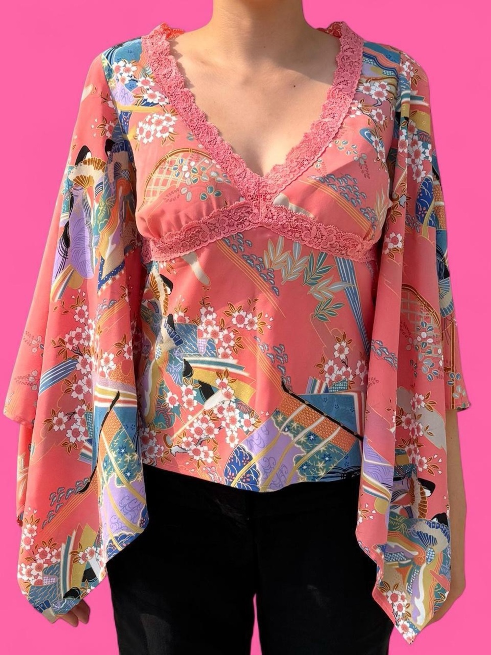 y2k! floral oriental print lace trim kimono bell sleeves blouse top!